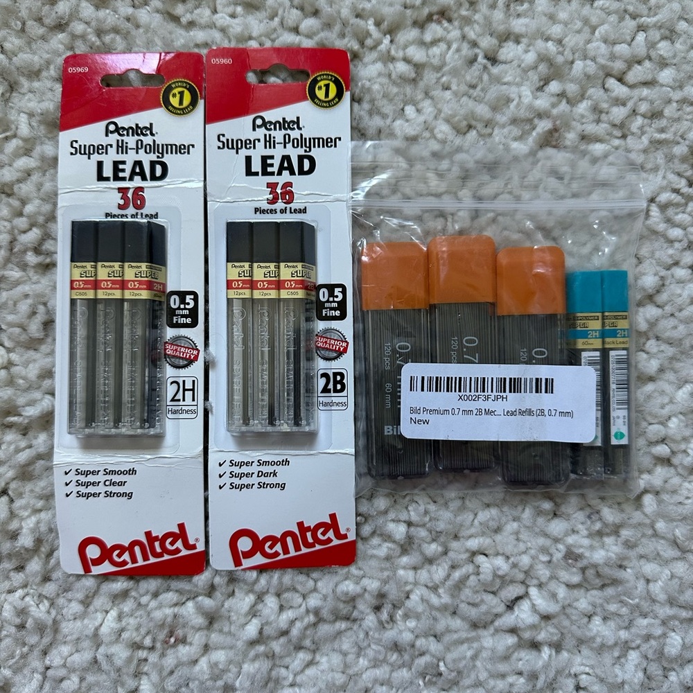 Pentel® Super Hi-Polymer® Leads, 0.5 mm, 0.7 mm, and 2B